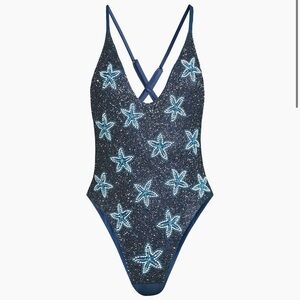 BNWT OCEANUS Anthropologie Starfish Starry Blue One Piece Swimsuit Sz Medium